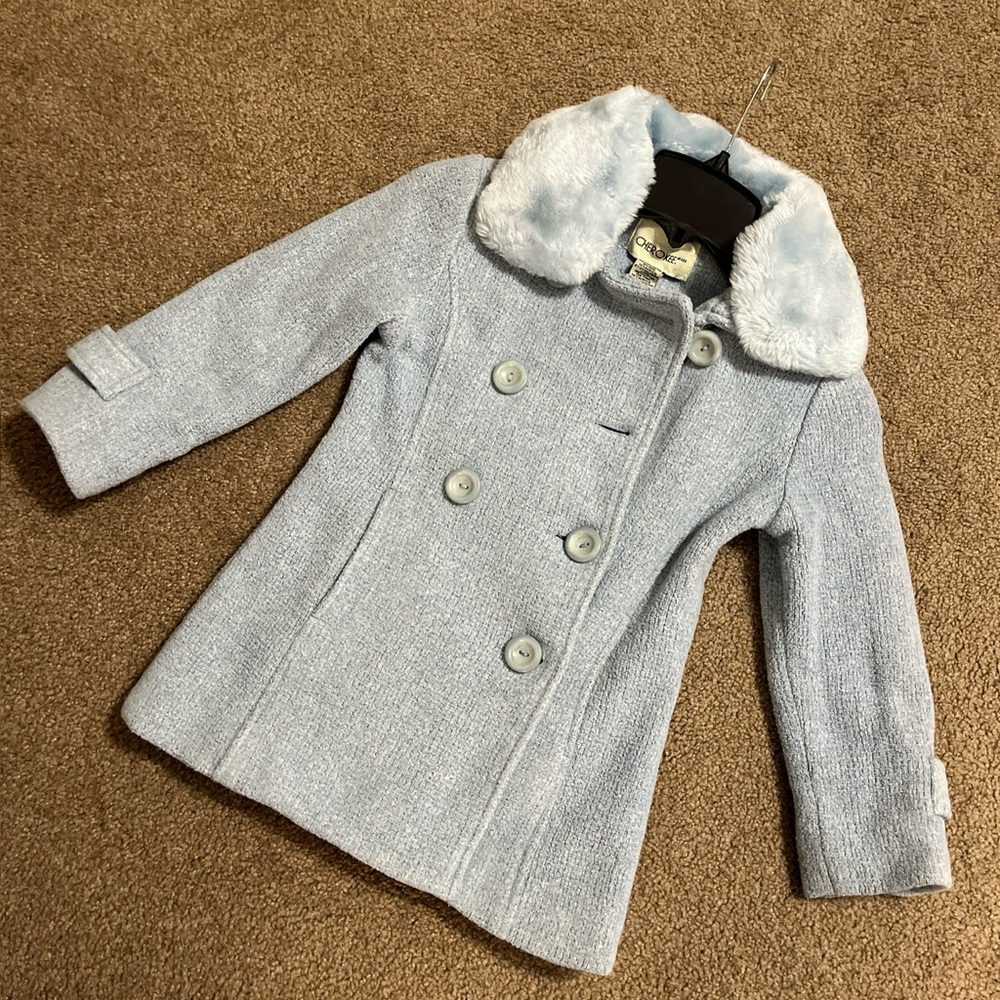 Cherokee Pale Blue Faux Fur Collar Double-Breasted Pea Coat